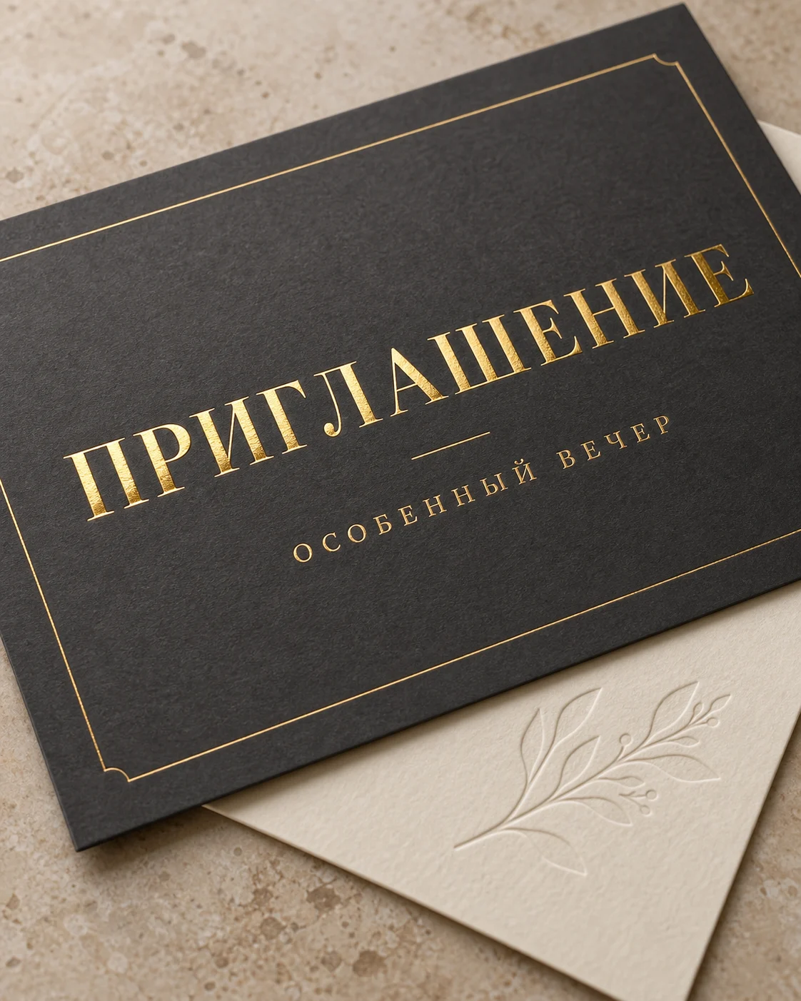ПЕЧАТЬ32: Тиснение и фольгирование — фотография в каталоге услуг, кадр 5; Золотая надпись на тёмном приглашении и рельефный узор на, получение в Москве, страница «Послепечатная обработка»