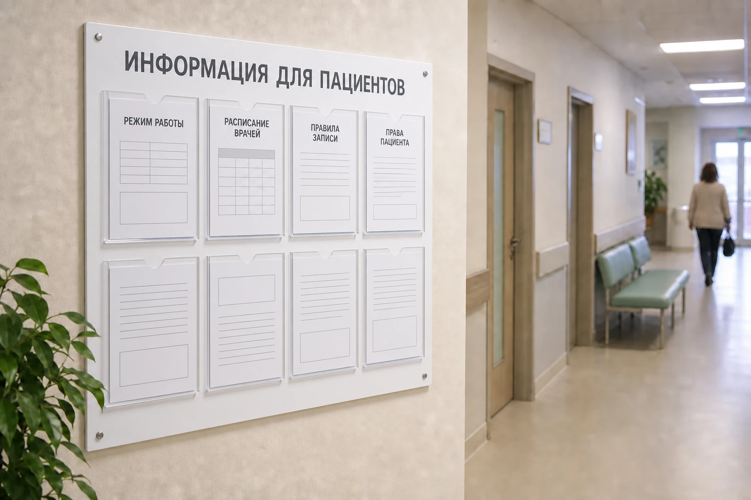 Стенд «Информация для пациентов» с расписанием и памятками в коридоре клиники; для заказа в Москве