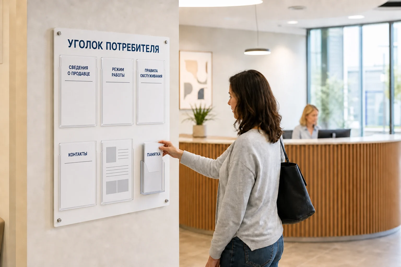 Информационные стенды — Покупатель берёт памятку из стенда «Уголок потребителя»; образец смежной услуги, кадр 1, ПЕЧАТЬ32, получение в Москве, раздел «Таблички»