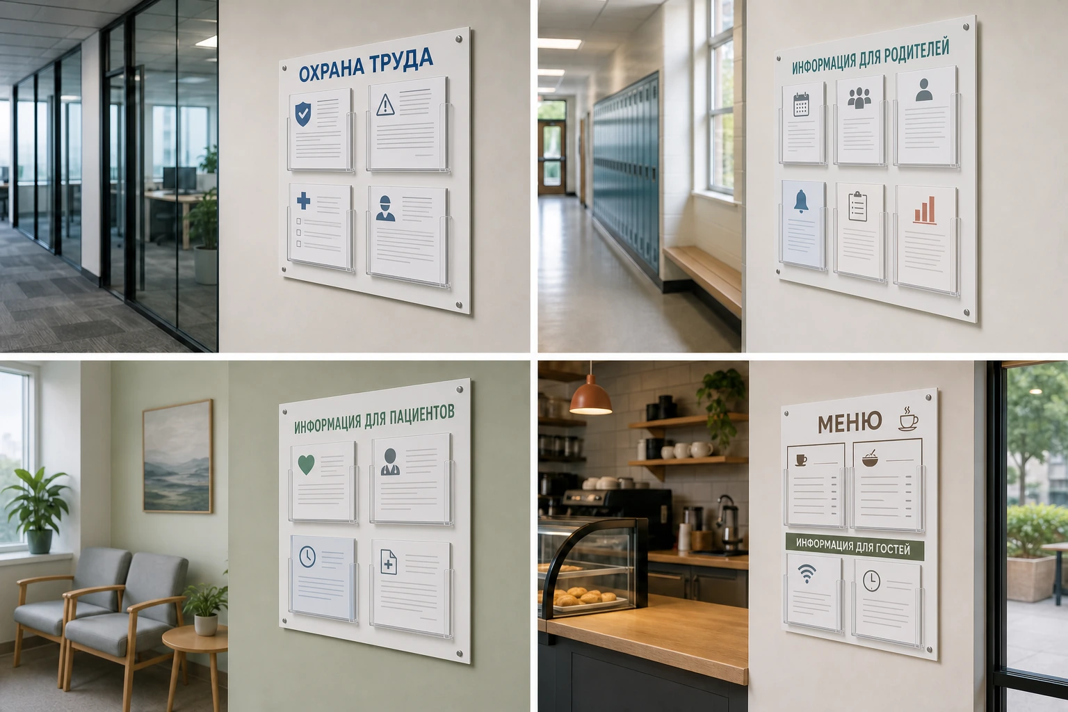 Стенды «Охрана труда», «Информация для родителей», «Информация для пациентов» и «Меню»; для заказа в Москве