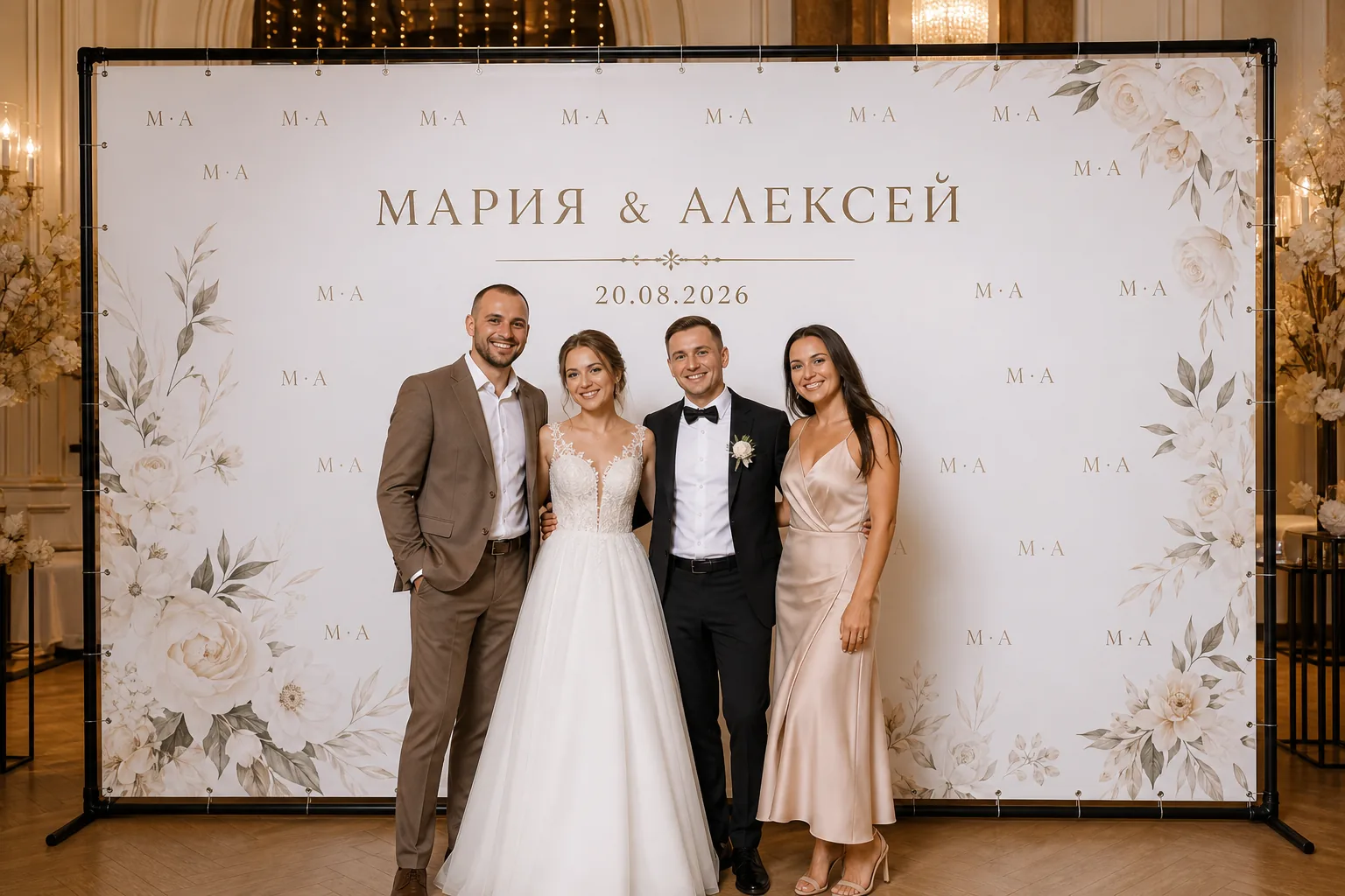 Гости у прямоугольного свадебного Press Wall; для заказа в Москве