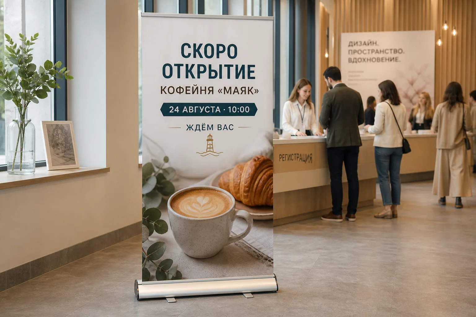 Roll-up с афишей мероприятия в зоне регистрации; для заказа в Москве