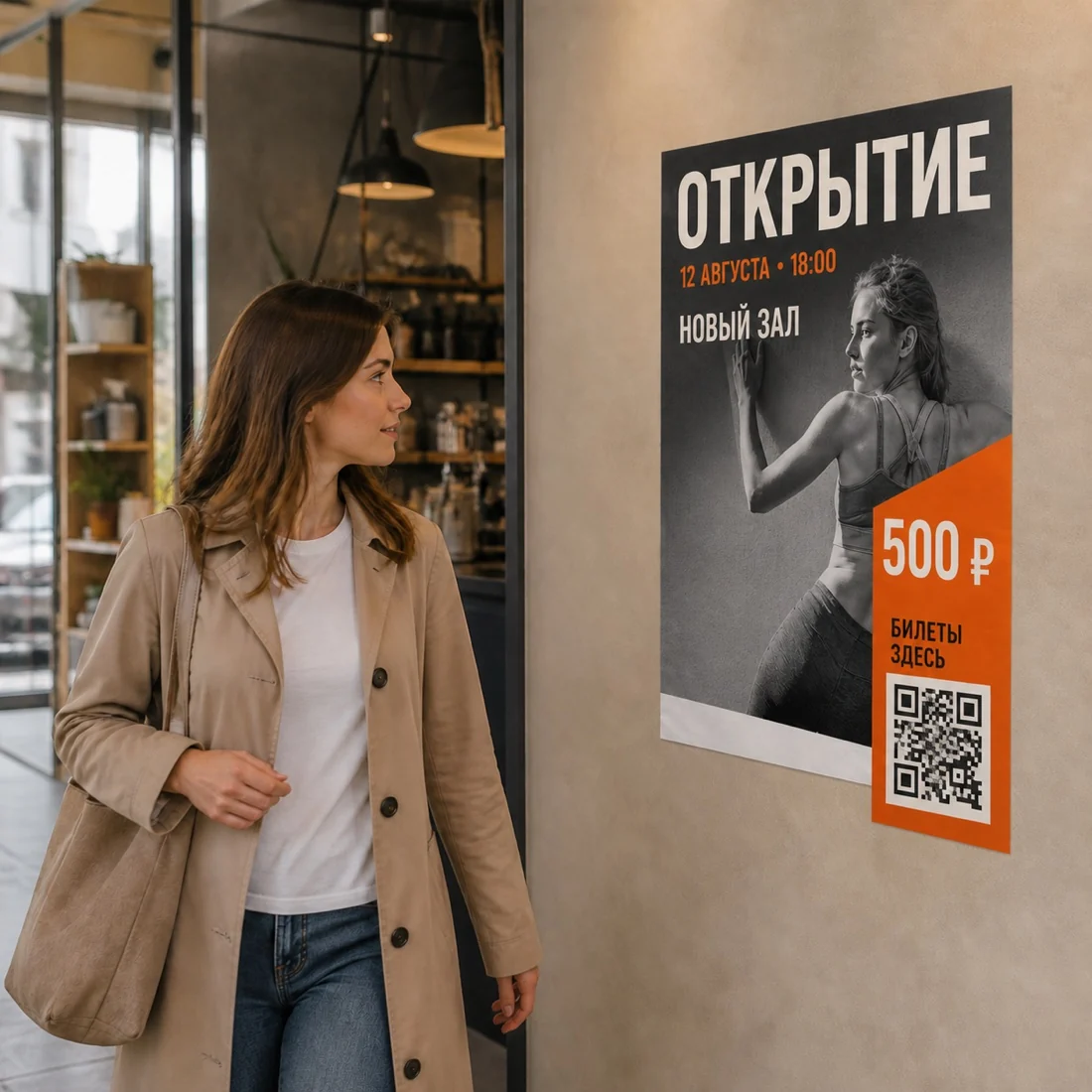 Прохожая замечает бумажный плакат с событием, датой, ценой и QR-кодом; для заказа в Москве
