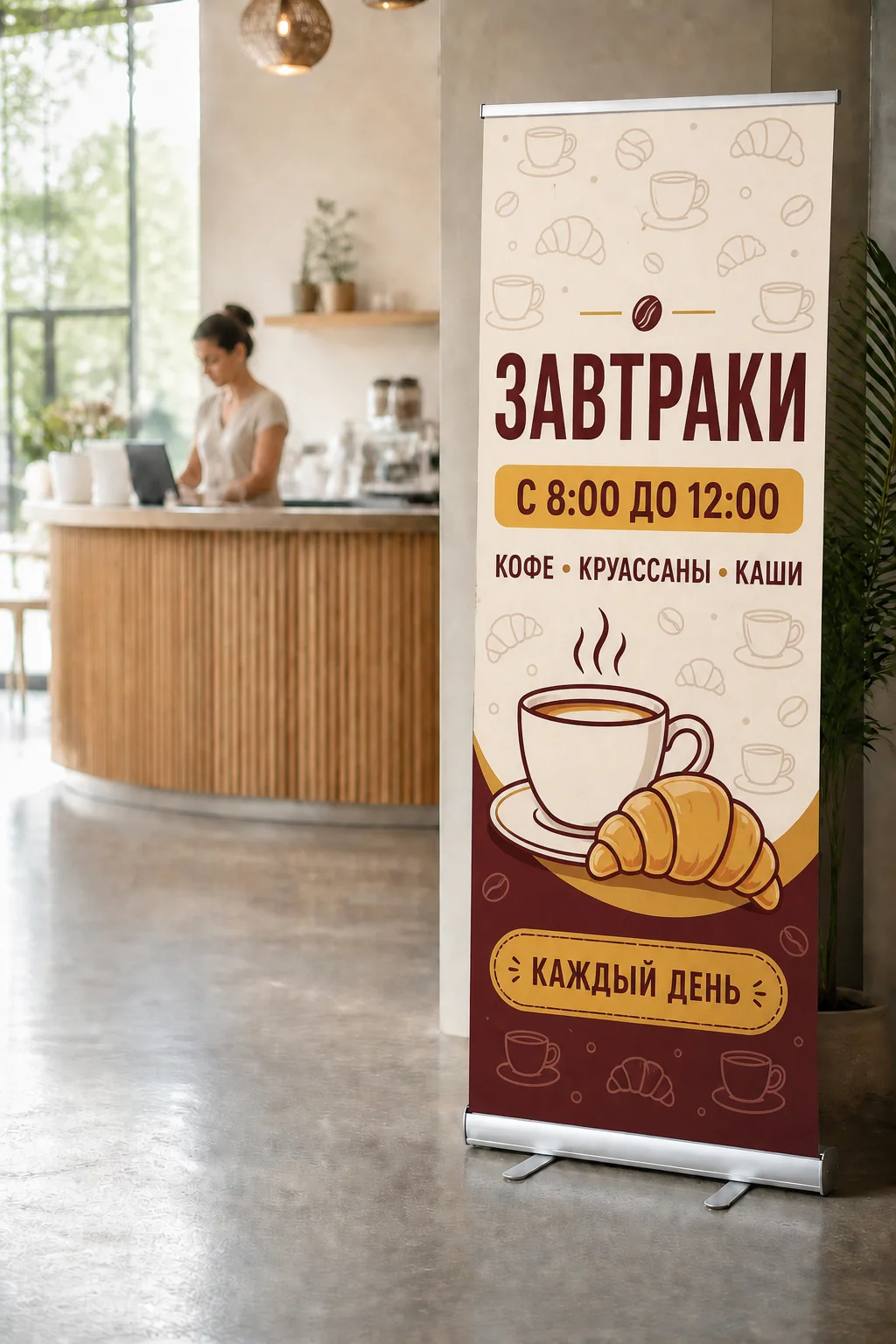 Roll-up «ЗАВТРАКИ» с временем 8:00–12:00, меню и кофейным фоном у стойки кафе