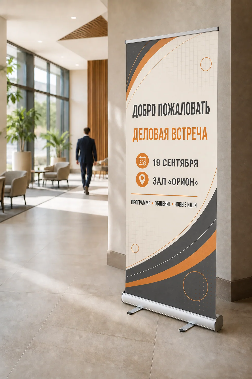 ПЕЧАТЬ32 — Roll-up стенды; Roll-up с насыщенным русским макетом в лобби делового центра, образец смежной услуги, кадр 1, получение в Москве, «Штендеры»