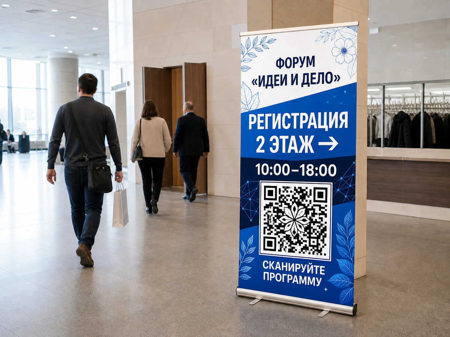Roll-up форума «Идеи и дело» с навигацией «РЕГИСТРАЦИЯ 2 ЭТАЖ» и QR-кодом