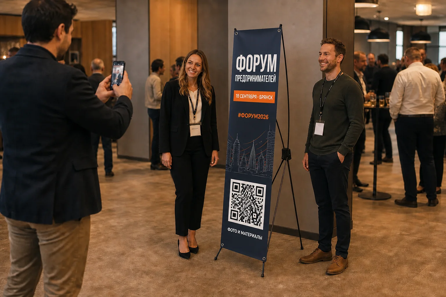 Участники фотографируются рядом со стендом паук с названием, датой и QR-кодом форума; для заказа в Москве