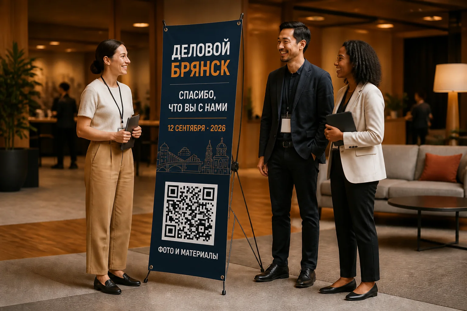 Гости делового мероприятия рядом со стендом паук с датой и QR-кодом для программы и материалов; для заказа в Москве