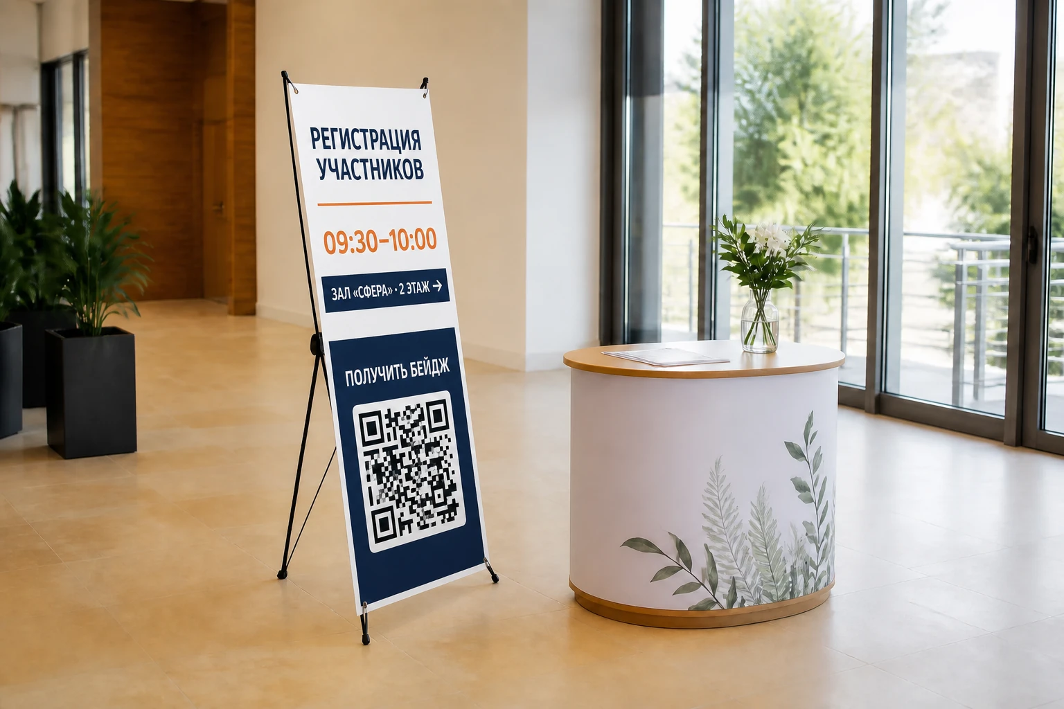 Фирменный стенд паук с программой и QR-кодом в зоне встречи участников; для заказа в Москве