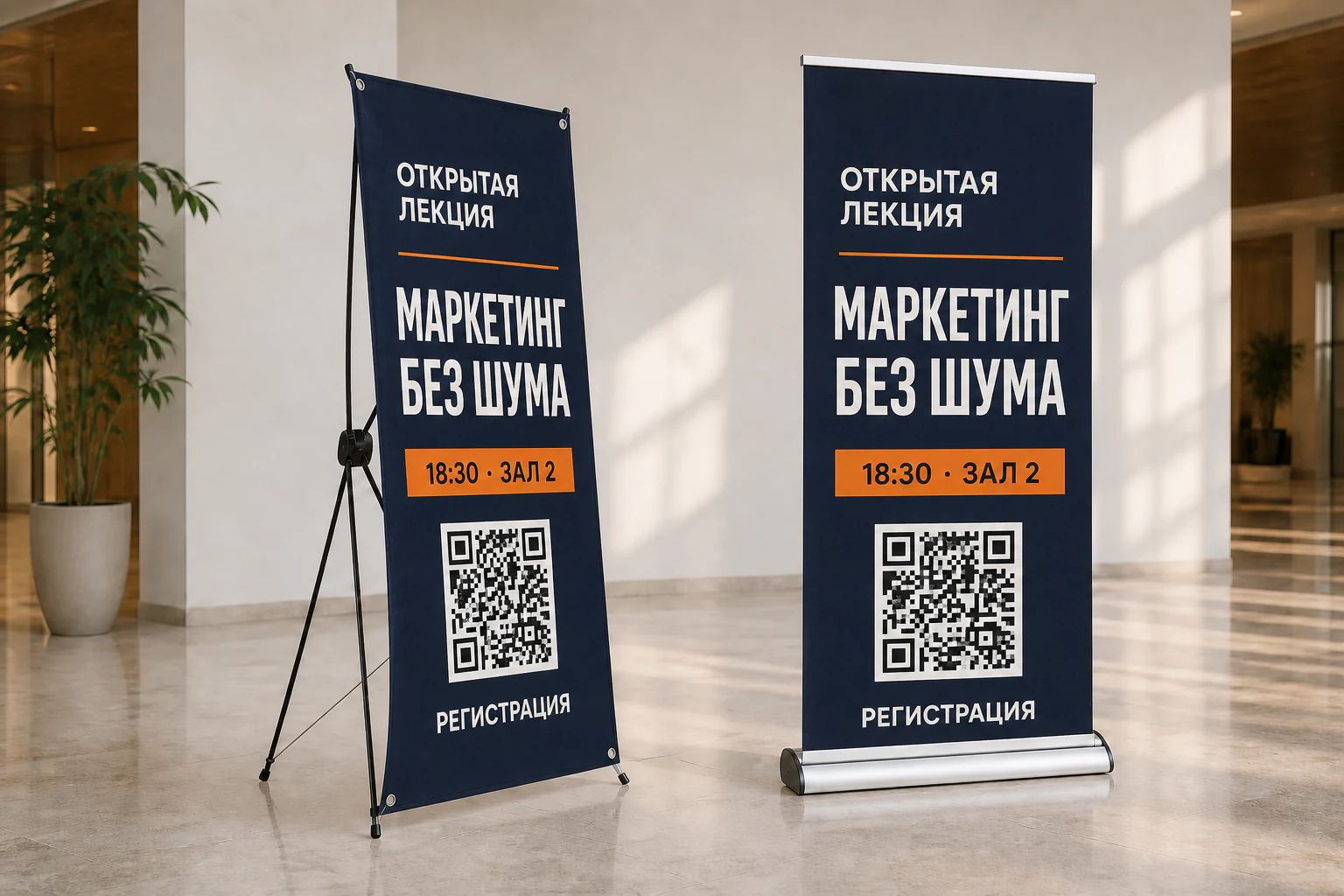 Стенд паук и Roll-up с одинаковым макетом делового мероприятия; для заказа в Москве