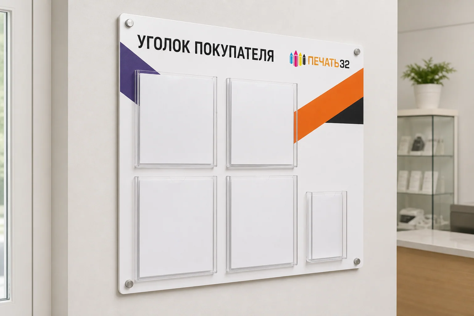 Уголок покупателя из ПВХ с прозрачными карманами; для заказа в Москве