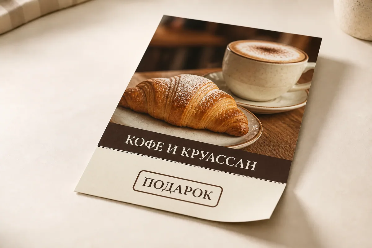Листовка кафе формата A5 с профессиональной перфорацией и отрывным купоном; для заказа в Москве