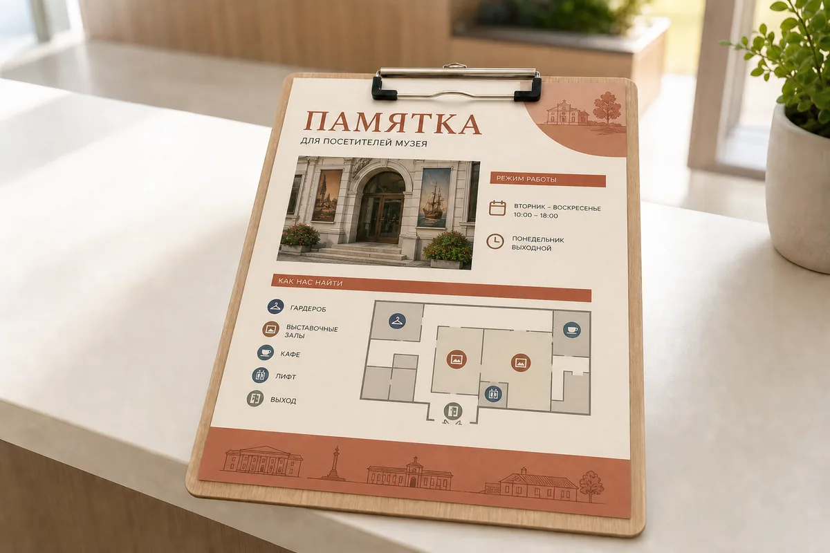 Памятка для посетителей музея формата A4 со схемой и режимом работы; для заказа в Москве
