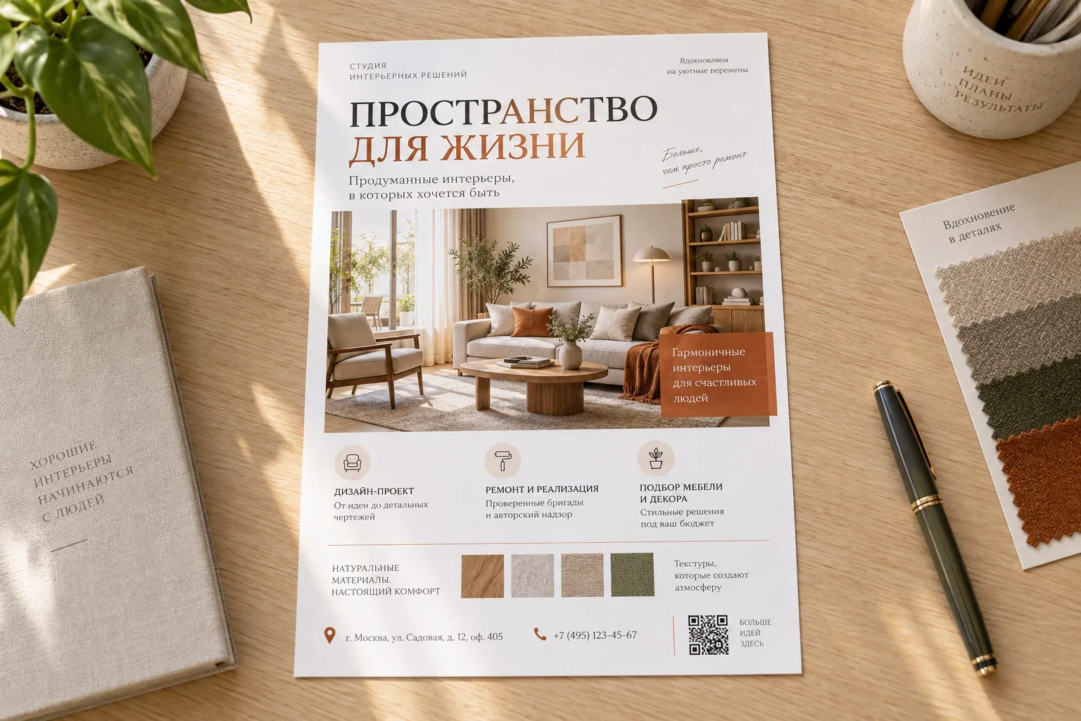 Полноценная информационная листовка A5 об интерьере с контактами и QR-кодом